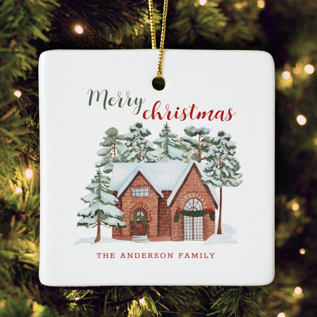 Pine Trees Winter Scene Family Name Christmas Ceramic Ornament (Creator Uploaded)