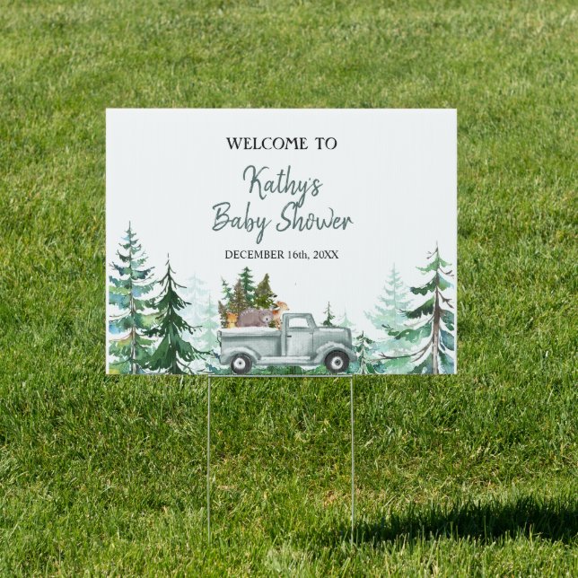 Pine Trees Woodland Animals Baby Shower Welcome Sign (Insitu)