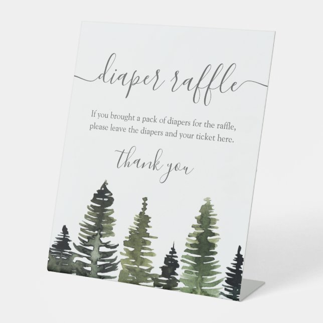 Pine Trees Woodland Baby Shower Diaper Raffle  Pedestal Sign (Front)