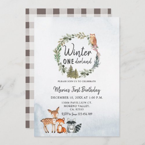 Pine Trees Woodland Winter Onederland Birthday Invitation