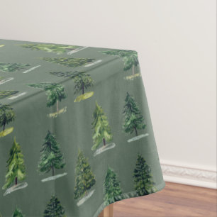 Pine trees Xmas Rustic Christmas Green Watercolor Tablecloth
