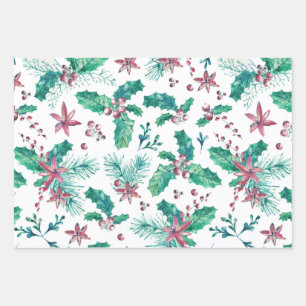 Pine Twigs and Holly Berries Wrapping Paper Sheets