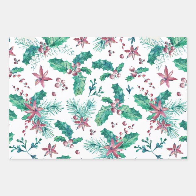 Pine Twigs and Holly Berries Wrapping Paper Sheets (Front)