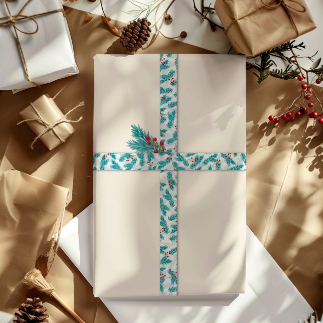 Pine Twigs and Red Berries Christmas Pattern White Satin Ribbon (Creator Uploaded)