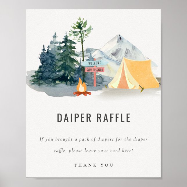Pine Woods Camping Diaper Raffle Baby Shower Sign (Front)