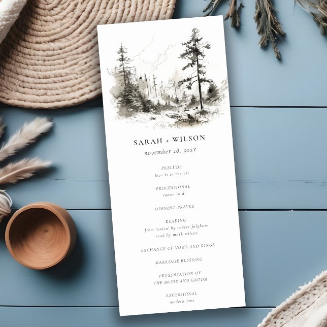 Pine Woods Landscape Sketch Wedding Program (Creator Uploaded)
