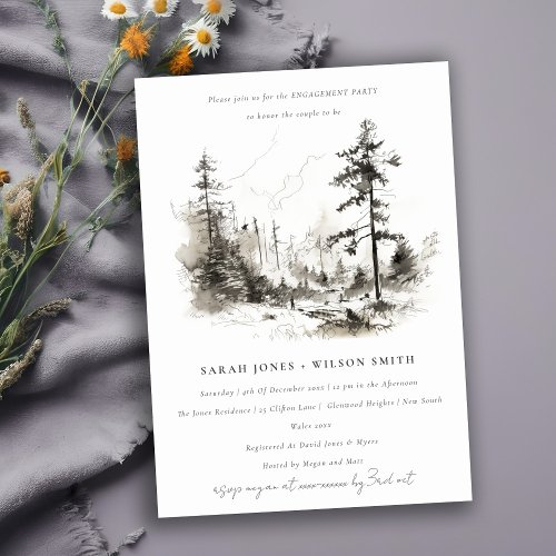 Pine Woods Mountain Landscape Sketch Engagement Invitation