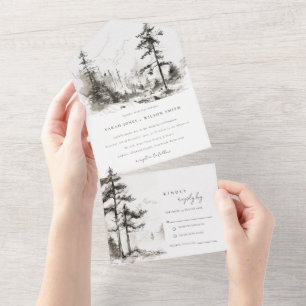 Pine Woods Mountain Landscape Sketch Wedding All In One Invitation