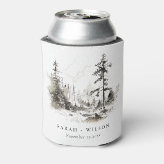 Pine Woods Mountain Landscape Sketch Wedding Can Cooler