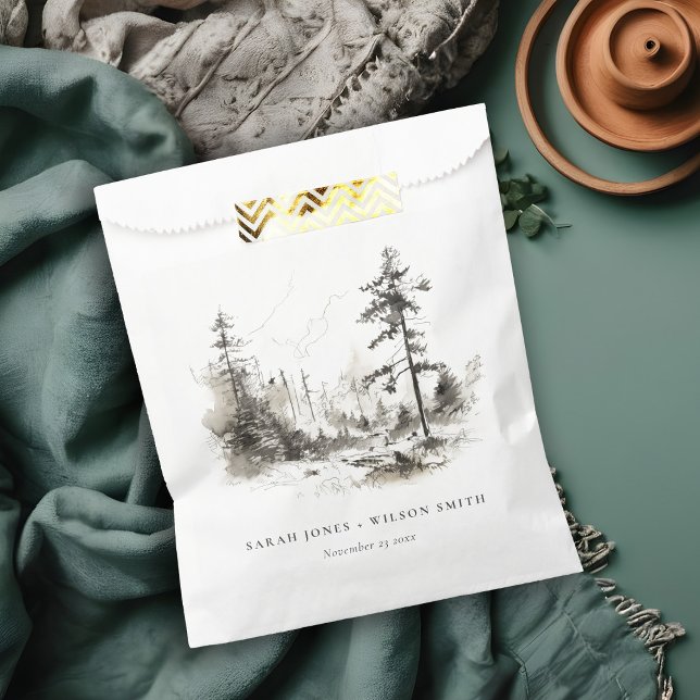 Pine Woods Mountain Landscape Sketch Wedding Favor Bag (Creator Uploaded)