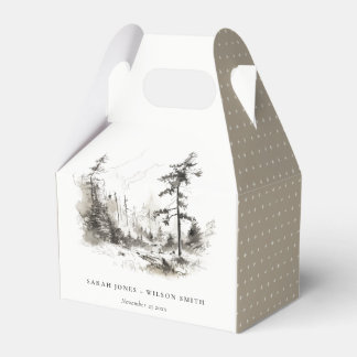Pine Woods Mountain Landscape Sketch Wedding Favor Boxes