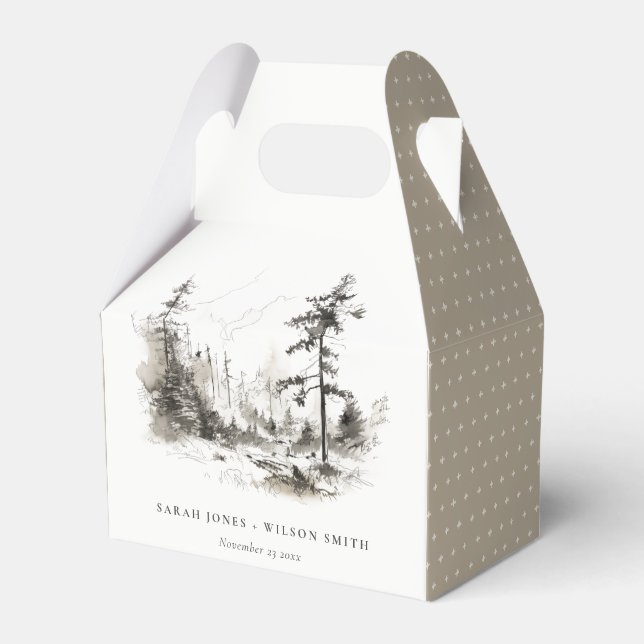 Pine Woods Mountain Landscape Sketch Wedding Favor Boxes (Front Side)