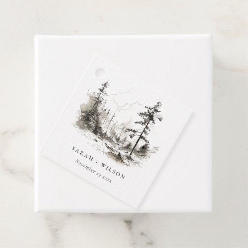 Pine Woods Mountain Landscape Sketch Wedding Favor Tags