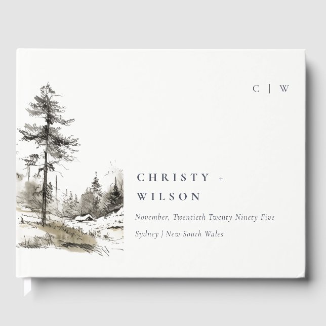 Pine Woods Mountain Landscape Sketch Wedding Guest Book (Front)