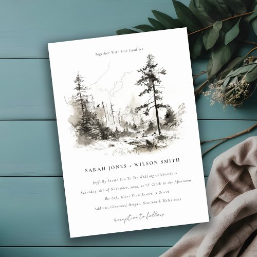 Pine Woods Mountain Landscape Sketch Wedding Invitation