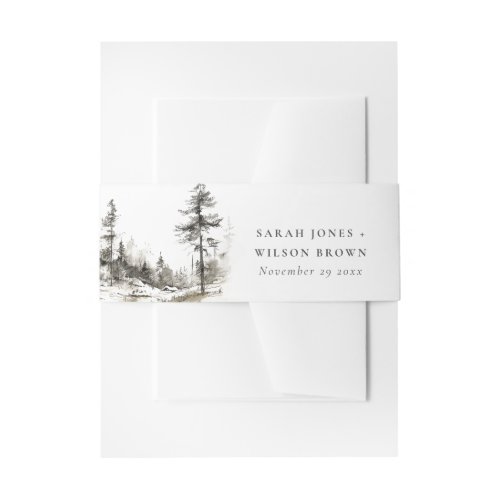 Pine Woods Mountain Landscape Sketch Wedding Invitation Belly Band