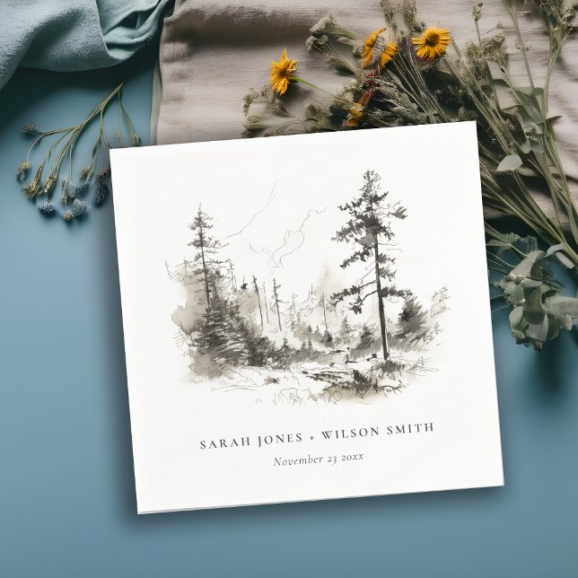 Pine Woods Mountain Landscape Sketch Wedding Napkins (Creator Uploaded)