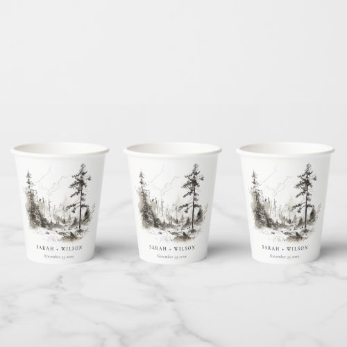 Pine Woods Mountain Landscape Sketch Wedding Paper Cups