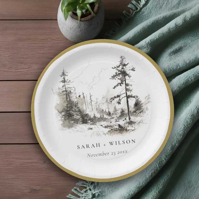 Pine Woods Mountain Landscape Sketch Wedding Paper Plates (Creator Uploaded)
