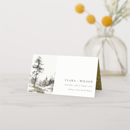 Pine Woods Mountain Landscape Sketch Wedding Place Card