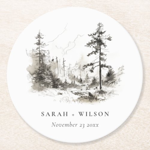 Pine Woods Mountain Landscape Sketch Wedding Round Paper Coaster