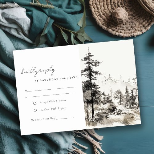 Pine Woods Mountain Landscape Sketch Wedding RSVP Card