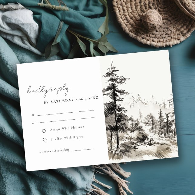 Pine Woods Mountain Landscape Sketch Wedding RSVP Card (Creator Uploaded)