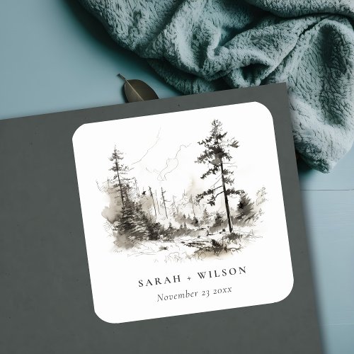 Pine Woods Mountain Landscape Sketch Wedding Square Sticker