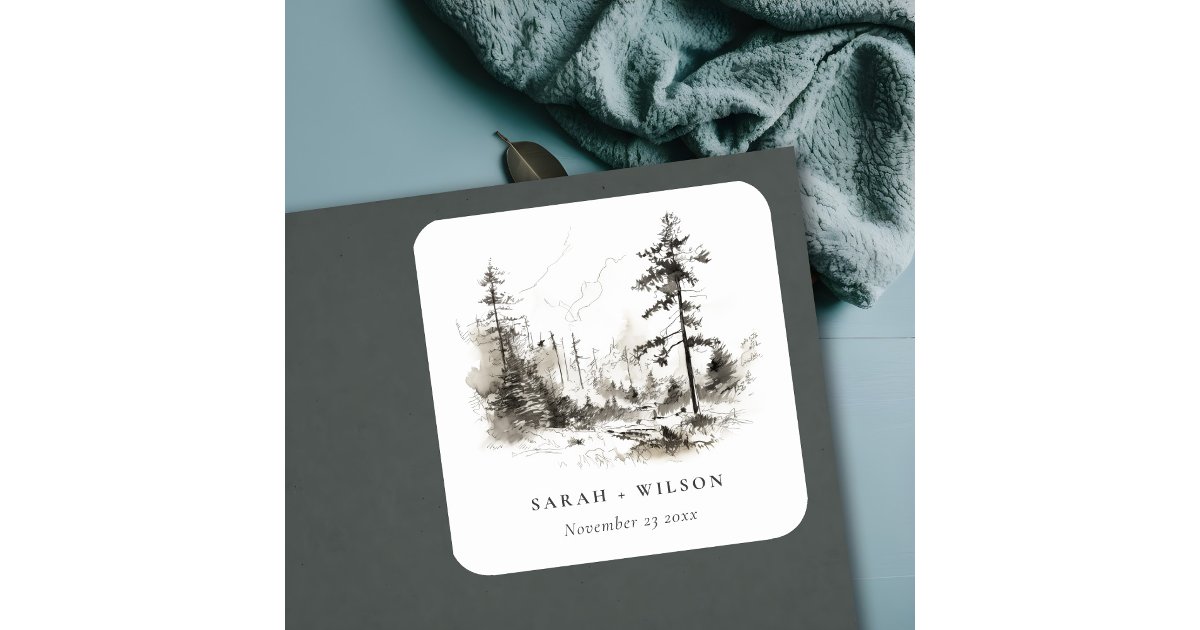 Pine Woods Mountain Landscape Sketch Wedding Square Sticker | Zazzle