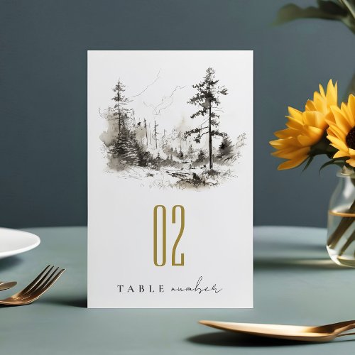 Pine Woods Mountain Landscape Sketch Wedding Table Number