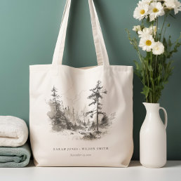 Pine Woods Mountain Landscape Sketch Wedding Tote Bag