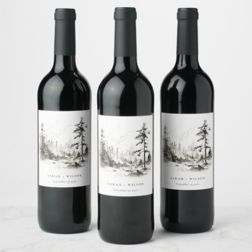 Pine Woods Mountain Landscape Sketch Wedding Wine Label