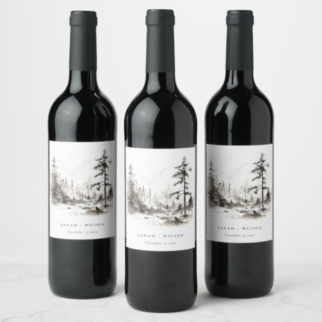 Pine Woods Mountain Landscape Sketch Wedding Wine Label (Bottles)