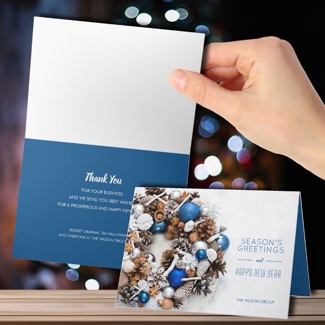 Pine Wreath Blue and White Business Holiday Card (Creator Uploaded)