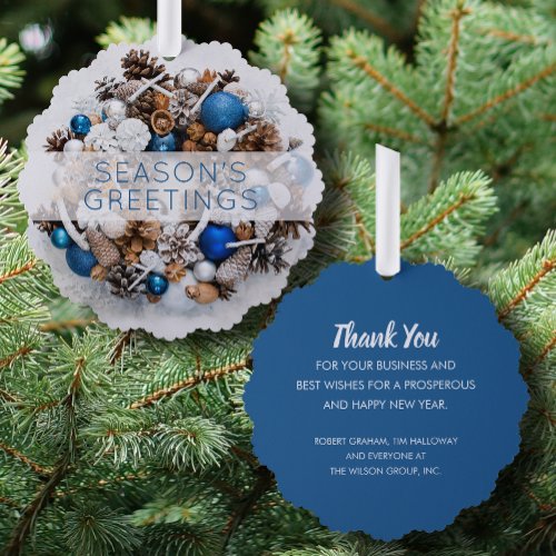 Pine Wreath Blue and White Business Holiday Paper Ornament Card