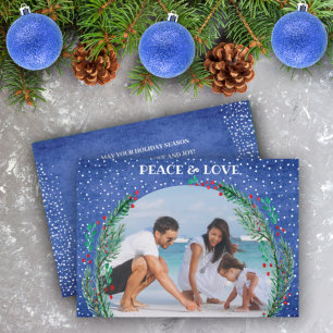 Pine Wreath Blue Christmas Photo Holiday Card