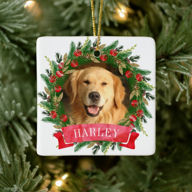 Pine Wreath Dog Photo Ceramic Ornament (Tree)