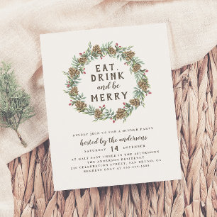 Pine Wreath Eat, Drink & Be Merry Christmas Party Invitation Postcard