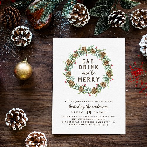Pine Wreath Eat Drink  Be Merry Christmas Party Invitation Postcard