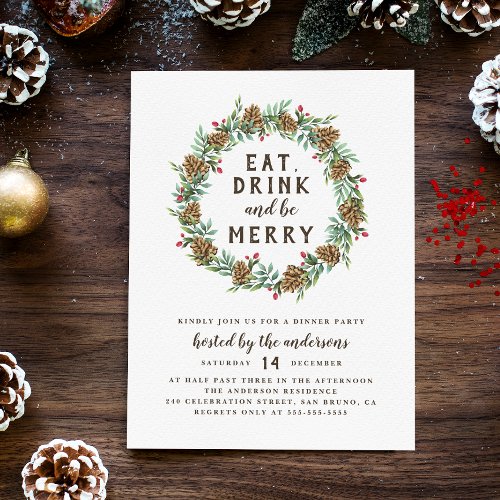 Pine Wreath Eat Drink  Be Merry Christmas Party Invitation Postcard