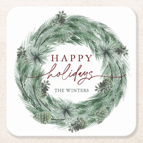 Pine Wreath Green  Red Happy Holidays Square Paper Coaster
