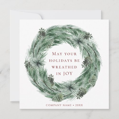 Pine Wreath Green  Red Holiday Card with QR Code