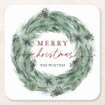 Pine Wreath Green & Red Merry Christmas Holiday Square Paper Coaster<br><div class="desc">Pine tree wreath Christmas | Holiday Paper Coaster with "Merry Christmas" script. For more advanced customization of this design,  please click the BLUE DESIGN TOOL BUTTON to change font,  size,  and color.  Matching items are also available.</div>