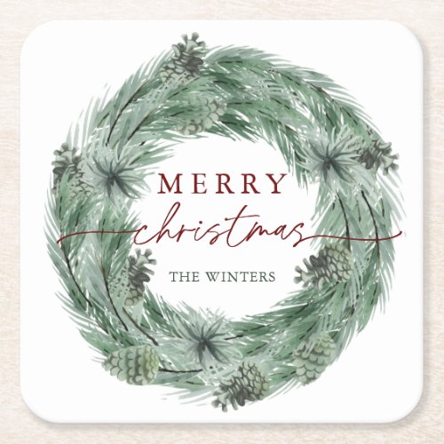 Pine Wreath Green  Red Merry Christmas Holiday Square Paper Coaster