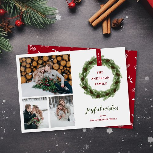 Pine Wreath Joyful Wishes 3 Photo Holiday Card