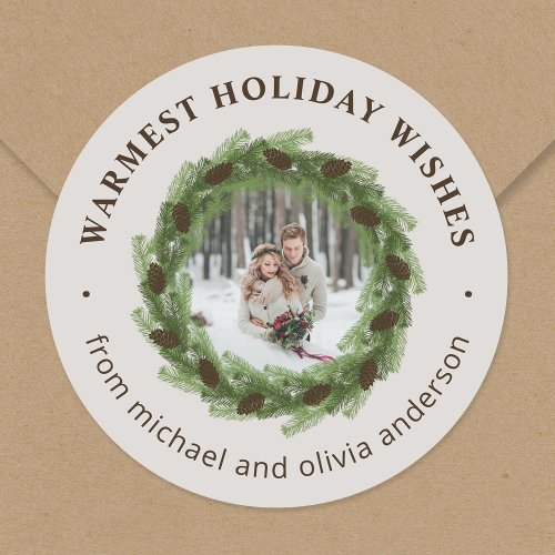Pine Wreath Merry Christmas Circle Photo Classic Round Sticker