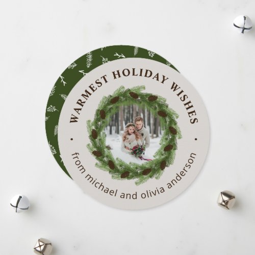 Pine Wreath Merry Christmas Circle Photo Holiday Card