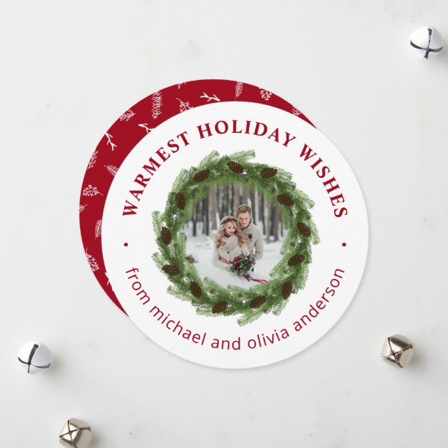 Pine Wreath Merry Christmas Circle Photo Holiday Card (Front/Back In Situ)