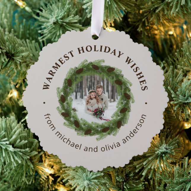 Pine Wreath Merry Christmas Circle Photo Ornament Card (Insitu (Tree))