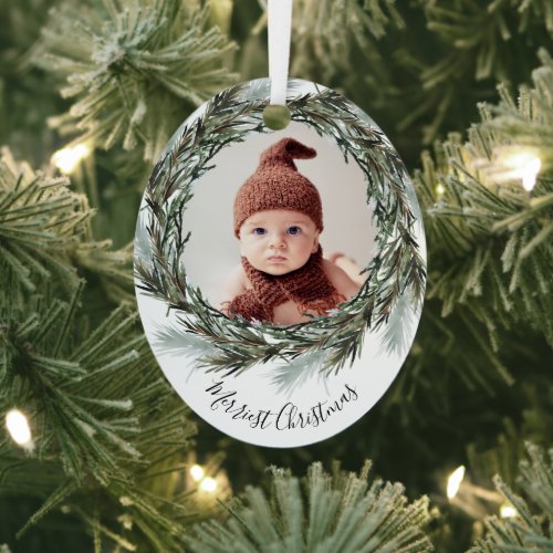 Pine Wreath Merry Christmas Holiday Photo Metal Ornament